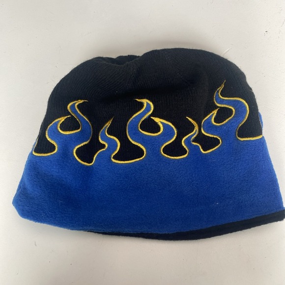 Vintage Y2K Blue Flame Skull Cap Beanie One Size Skater Grunge